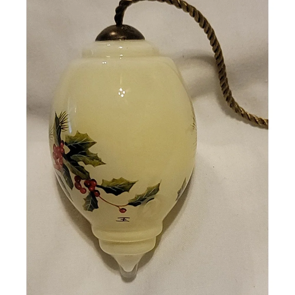 Ne'Qwa Art Hand Blown Glass Reverse Painted Cardinal, Holly, Pine Cones Ornament